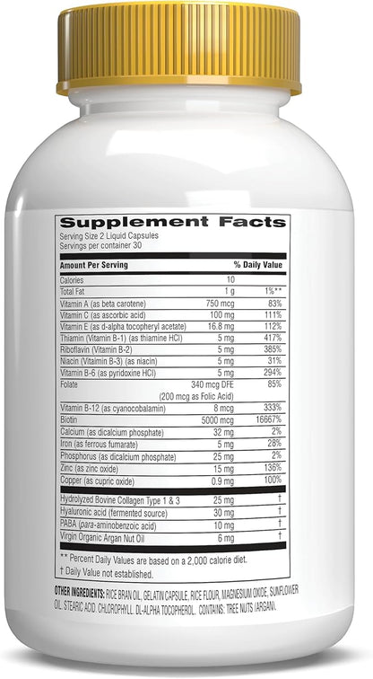 Botanic Choice Hair Skin and Nails Vitamins - Biotin Supplement with Collagen, Vitamin C, & Iron - Super Antioxidant Blend with Argan Oil & Hyaluronic Acid - 60 Liquid Capsules