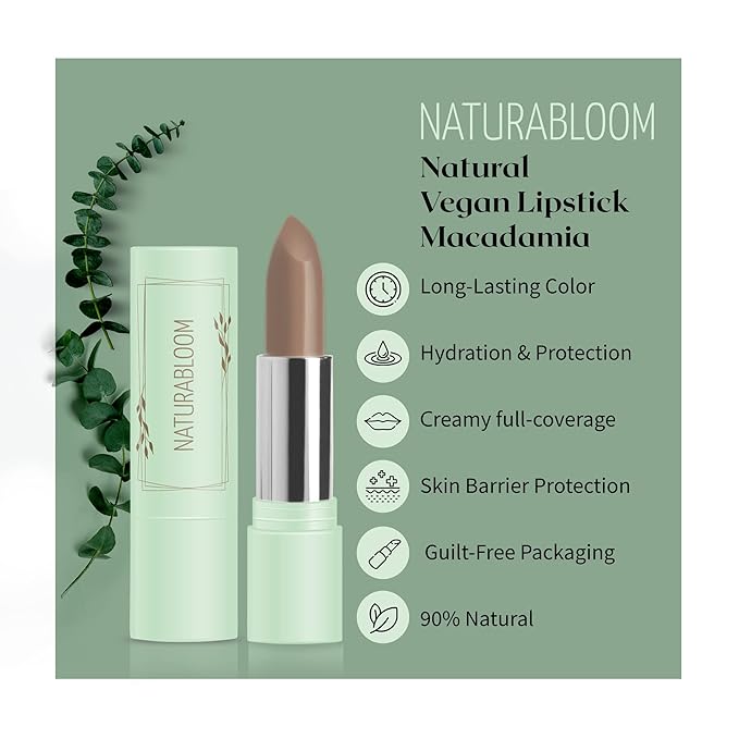 Vegan Lipstick (Macadamia) - Sensational One-Stroke Long Lasting Lipstick from Natural Oils & Butters Full-Coverage Lip Color with Shea Butter & Coconut Extact- Premium Hydrating Lipsticks