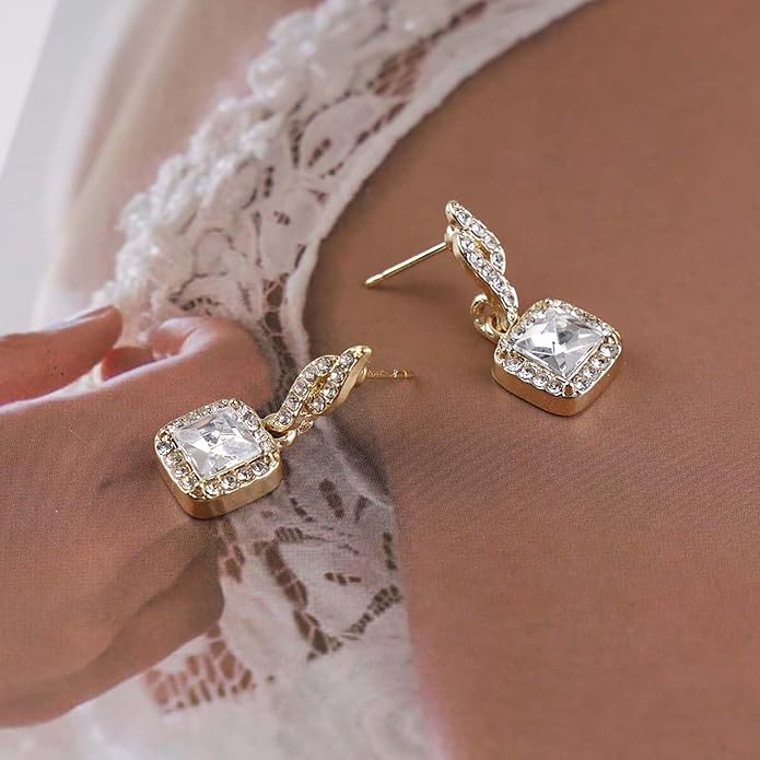 Vintage Crystal Square Drop Earrings Gold