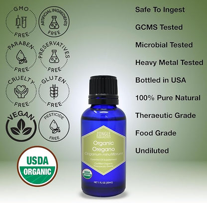 Zongle Therapeutics Organic, Oregano Oil, Food Grade, Safe for Ingestion, Edible, for Drops, Kids – 100% Pure, Oregano Essential Oil, 1 OZ