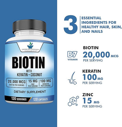 Biotin 20,000mcg with Keratin, Coconut Powder and Zinc, Hair Growth Supplements, Biotin Supplements, Healthy Hair Skin & Nails for Adults,120 Veggie Capsules, 120 Day Supply