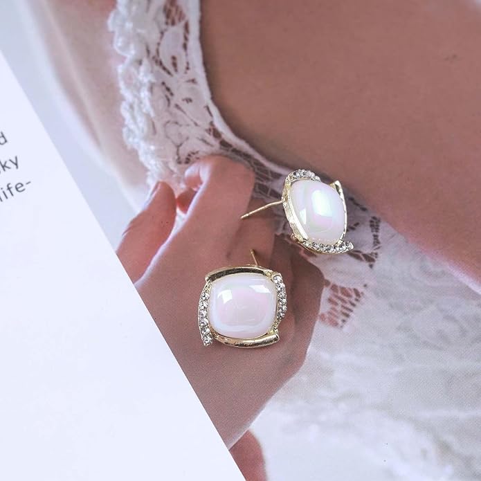 Vintage Crystal Square Earrings Moonstone Square