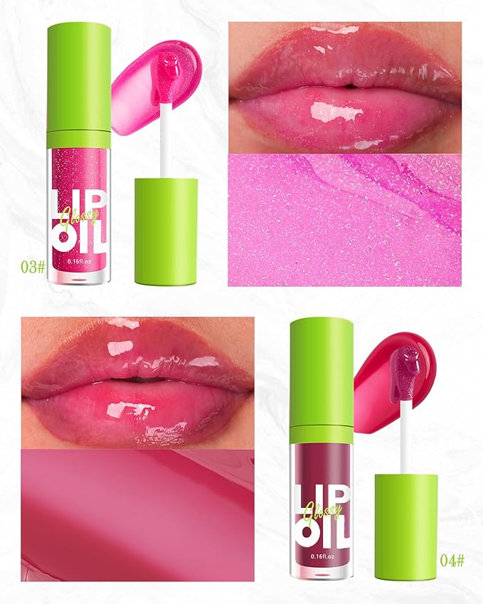 Fat Oil Lip Gloss-2Pcs Hydrating Lip Glow Oil Lipgloss, Tinted Clear Plumping lip Gloss, Shimmer Pink Lip Stain Oil, Big Brush Head Lip Glaze, Long Lasting Non-sticky Vegan Makeup Gift for Women-3+4