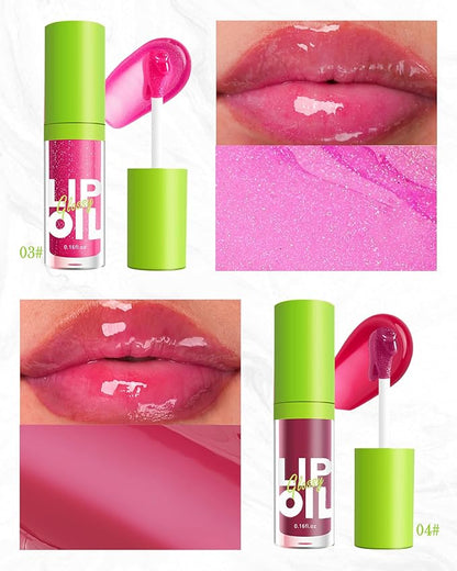 Fat Oil Lip Gloss-2Pcs Hydrating Lip Glow Oil Lipgloss, Tinted Clear Plumping lip Gloss, Shimmer Pink Lip Stain Oil, Big Brush Head Lip Glaze, Long Lasting Non-sticky Vegan Makeup Gift for Women-3+4