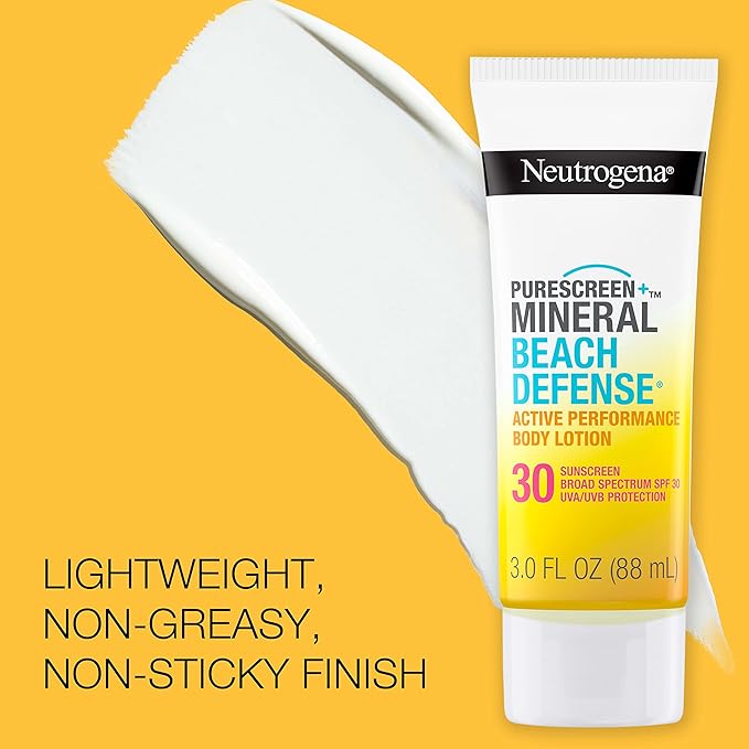 Neutrogena Purescreen+ Mineral Beach Defense Active Performance Body Lotion Sunscreen with Broad Spectrum SPF 30, Quick Drying and Water-Resistant 80 Minutes UVA/UVB Protection, 3.0 fl. oz