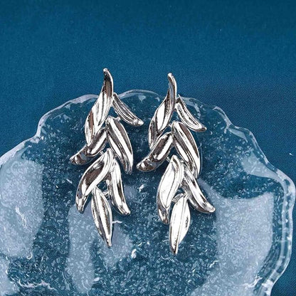 Statement Leaf Dangle Drop Earrings Vintage Silver Leaf