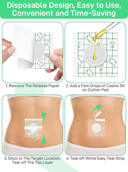24Pcs Disposable Castor Oil Belly Button Patches PU Film, Self-Adhesive Castor Oil Pack Wraps with Organic Cotton Pad for Belly Button Cover, Water-Resistant, Anti Leakage, 3.1 x 3.1 Inch