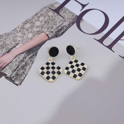 Vintage Black White Checkered Earrings Geometric