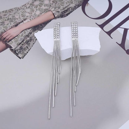 Vintage Rhinestone Dangle Earrings Gold Sleek Chain Drop