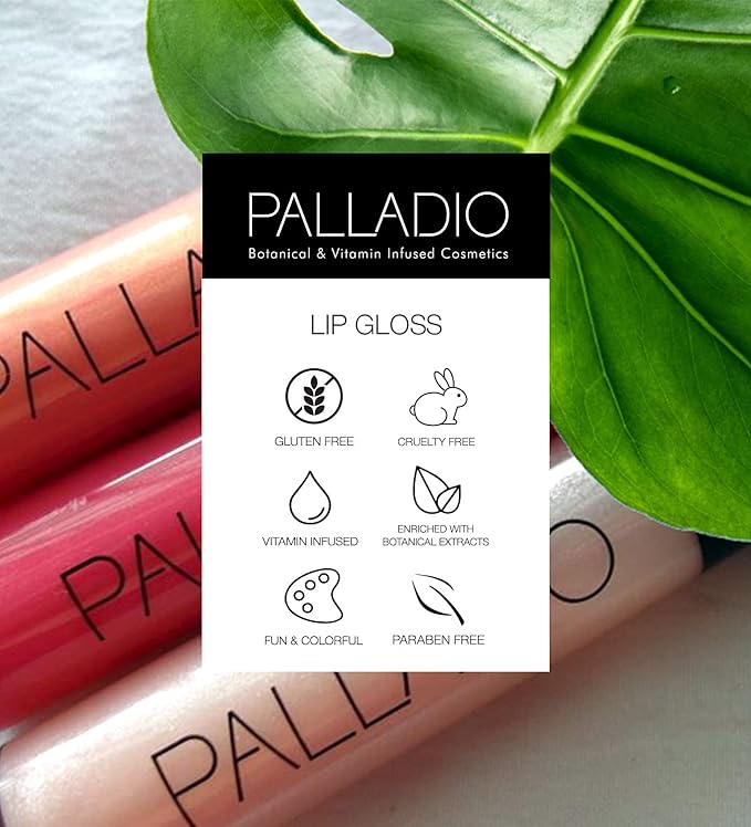 Palladio Lip Gloss, Non-Sticky Lip Gloss, Contains Vitamin E and Aloe, Offers Intense Color and Moisturization, Minimizes Lip Wrinkles, Softens Lips with Beautiful Shiny Finish, Champagne
