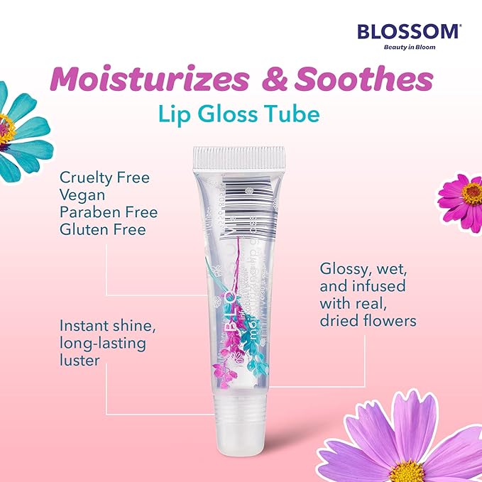 Blossom Scented Moisturizing Lip Gloss Tubes, Infused with Real Flowers, 0.3 fl. oz/9ml, Raspberry