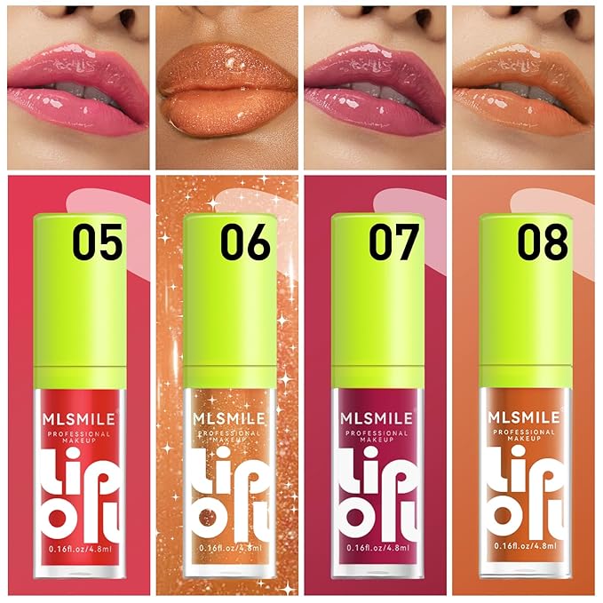 4 Colors Fat Lip Oil Set, Big Brush Head Hydrating Lip Glow Oil Lip Plumper Gloss, Shiny Transparent Lip Gloss Tinted Plumping Lip Oils, Non-sticky Long Lasting Fresh Clear Smooth Lip Care - B