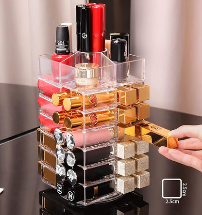 Sooyee Lipstick Organizer,53 Spaces 360 Degree Spinning Lipstick Holder,Acrylic Cosmetic Display Cases for Lipstick, Brushes, Bottles, and more,Clear