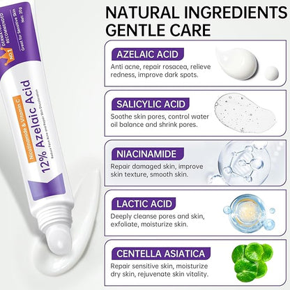 Azelaic Acid 12% Cream For Face, Azelaic Acid Acne Cream For Rosacea Treatment, Redness Relief, 2PCS Azelaic Acid Serum With Salicylic Acid & Niacinamide For Dark Spot, Skin Care.