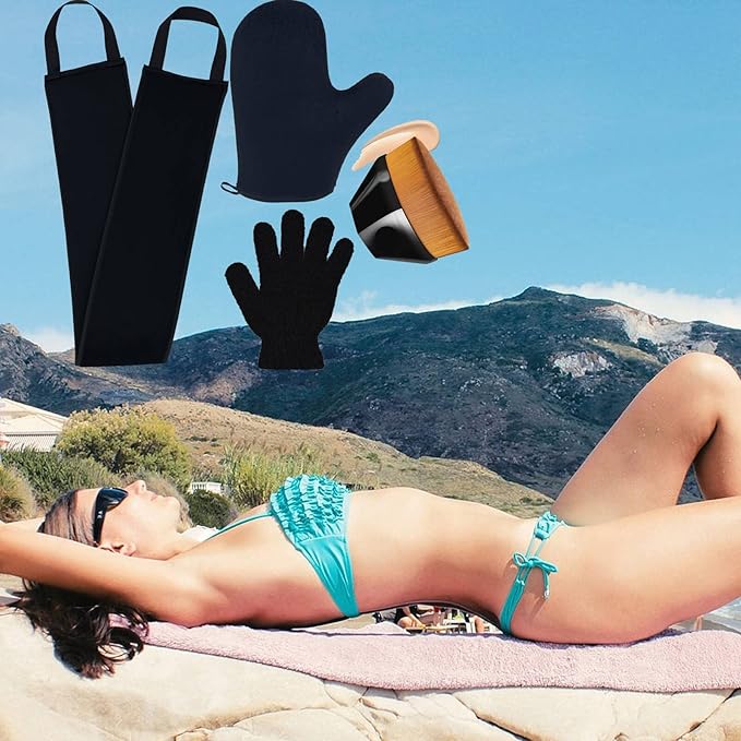 4Pack Self Tanning Mitt Set, 1 Self Tanning Mitt, 1 Self Tanner Lotion Back Applicator, 1 Self Face Tanning Brush, 1 Exfoliating Glove, Self Tan Kit (4pack tanning applicator)