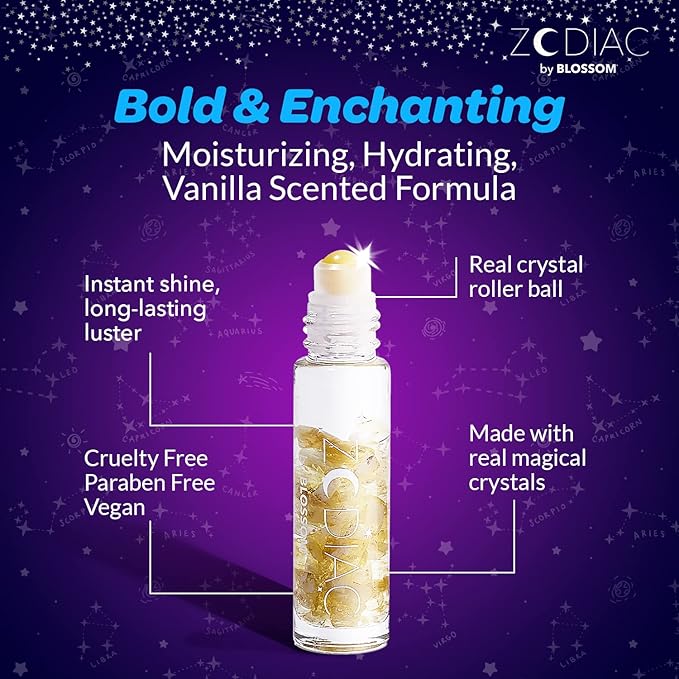 Blossom Zodiac Sign Vanilla Scented Moisturizing Roll-On Lip Gloss with Crystals, Made in USA, 0.20 fl. oz./5.9ml, Leo