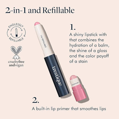TRE'STIQUE trestique Prime And Shine Lip Crayon, Refillable Shiny Lipstick With Built-in Lip Primer, Clean Beauty Makeup Lipstick, Lipstick For Women, 2-in-1 Glossy Lipstick and Lip Primer