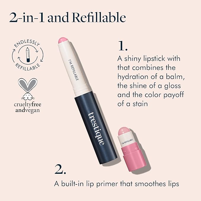 TRE'STIQUE trestique Prime And Shine Lip Crayon, Refillable Shiny Lipstick With Built-in Lip Primer, Clean Beauty Makeup Lipstick, Lipstick For Women, 2-in-1 Glossy Lipstick and Lip Primer