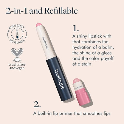 TRE'STIQUE trestique Prime And Shine Lip Crayon, Refillable Shiny Lipstick With Built-in Lip Primer, Clean Beauty Makeup Lipstick, Lipstick For Women, 2-in-1 Glossy Lipstick and Lip Primer