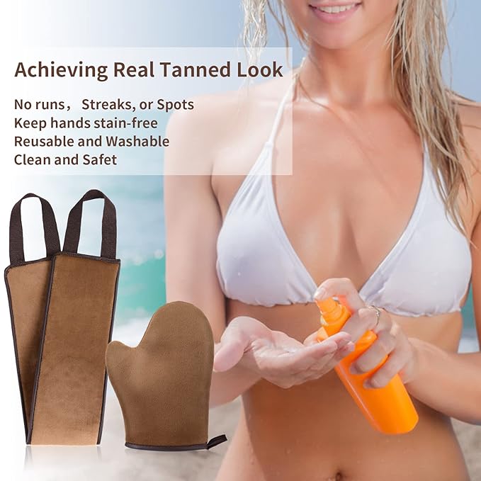 WLLHYF Self Tanning Mitt Applicator kit, Lotion Applicator For Back, Face Fake Tan Mitten, Ultra Soft Streak Free Reusable Tanning Glove for Self Tan (Brown)