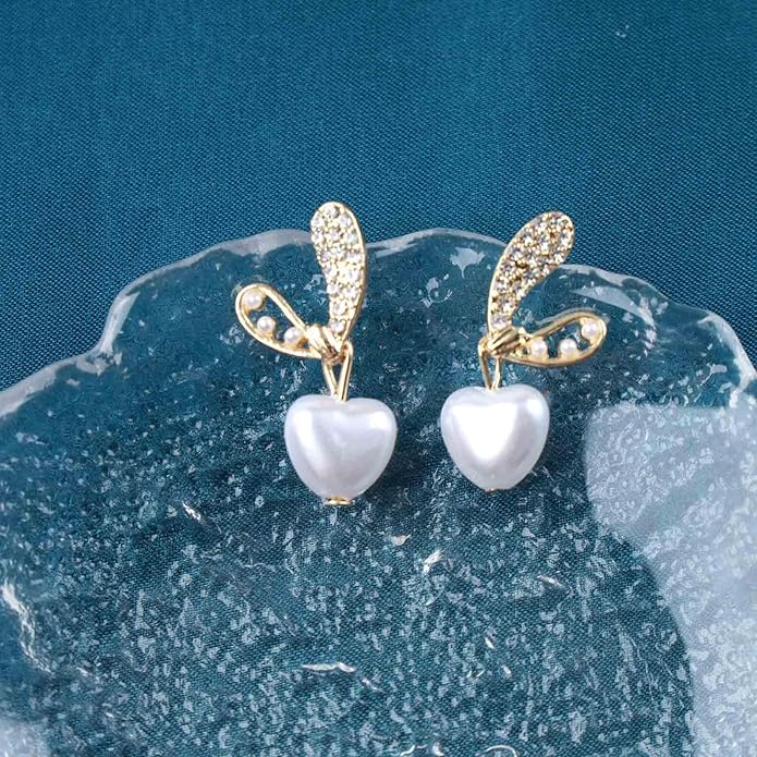 Vintage Crystal Pearl Heart Dangle Earrings Rhinestone Pearl