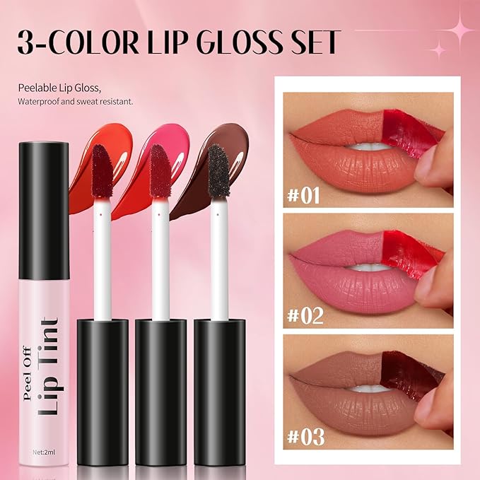 3 Colors Peel Off Lip Stain Set, Tattoo Magic Color Matte Nude Lip Gloss Lip Tint, Long Lasting Waterproof Liquid Lipstick Tinted Makeup, Nonstick Cup Lip Stain for Women Girls(02+03+06)