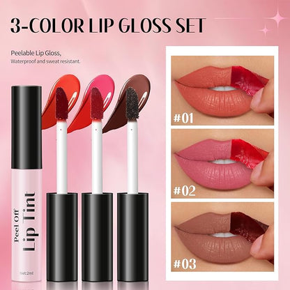 3 Colors Peel Off Lip Stain Set, Tattoo Magic Color Matte Nude Lip Gloss Lip Tint, Long Lasting Waterproof Liquid Lipstick Tinted Makeup, Nonstick Cup Lip Stain for Women Girls(02+03+06)