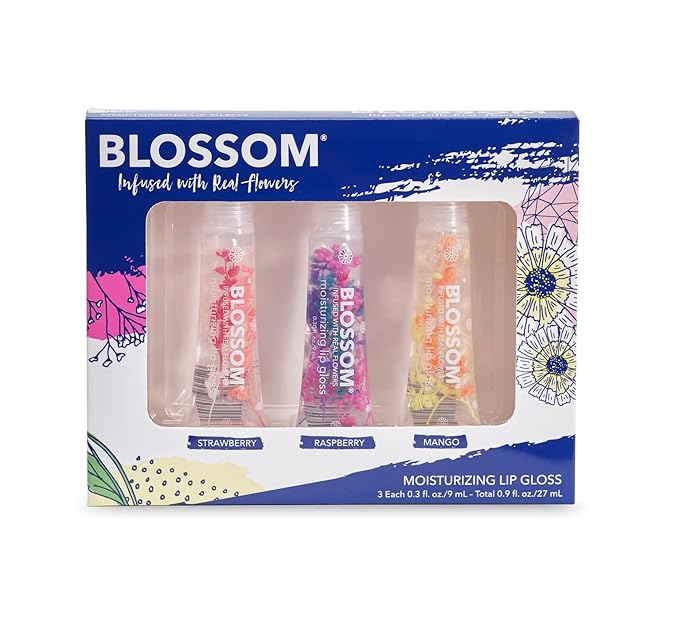 Blossom Scented Moisturizing Lip Gloss Tubes, Infused with Real Flowers, 0.9 fl. oz/27ml, 3 pack Gift Set, Strawberry/Raspberry/Mango