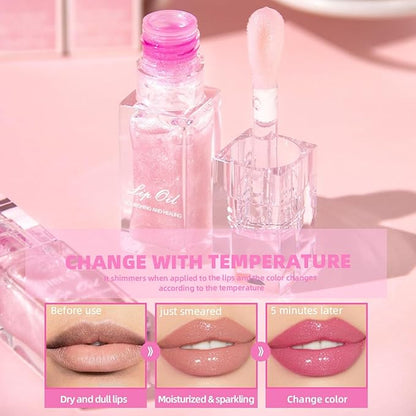 MAEPEOR Changing Lip Gloss 7 Colors Moisturizing Non-sticky Lip Oil Gloss Nourishing Shiny Glossy Lipgloss for Lip Care and Dry Lip (Color 00)