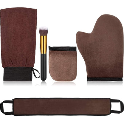 5 Pieces Self Tanning Mitt Applicator Kit, Includes Exfoliating Glove, Tanning Mitt, Mini Face Mitt, Back Lotion Applicator with Self Tanner Brush Large Flat Top Makeup Brush (Brown)