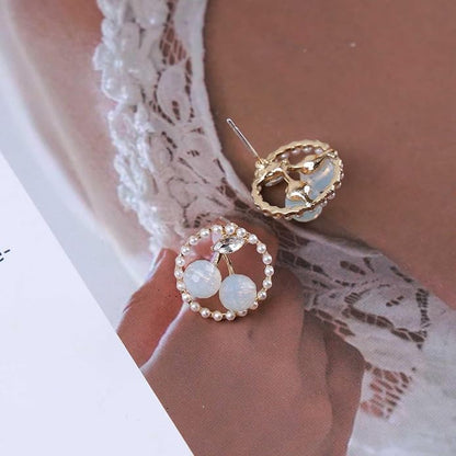 Vintage Circle Pearl Earrings Crystal Cherry