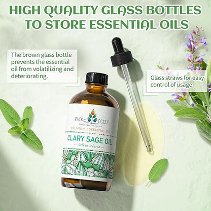 EVOKE OCCU Clary Sage Oil Essential Oil for Anxiety Relief, Moisturize Skin, Air Freshening, Add to Spray and Diffuser - 4 FL Oz