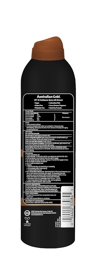 Australian Gold Aerosol Sunscreen SPF 30, Instant Bronzer, Non-Greasy, Water Resistant, Cruelty Free, Bronzer - New, 6 Oz