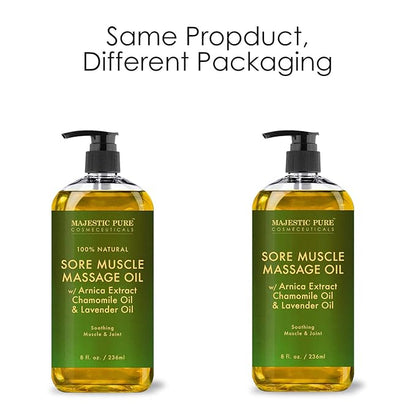 Majestic Pure Arnica Sore Muscle Massage for Massage Therapy - Natural Oil with Lavender and Chamomile Essential Oils - Multipurpose Instant Absorption Full Body Massage Oil - 8 Fl Oz (Pack of 2)