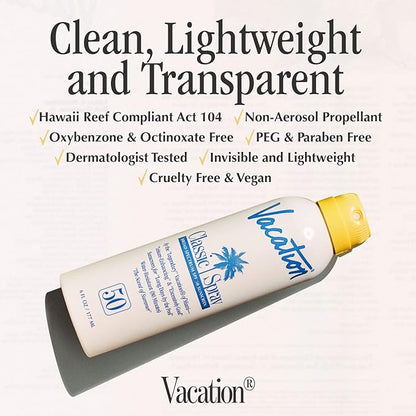 Vacation Classic Spray Sunscreen SPF 50 3-Pack, Broad Spectrum Sunscreen Spray, Vegan Sunblock Spray, Body Lotion with SPF, Spray Sunscreen SPF 50, 6 fl. oz. (Pack of 3)