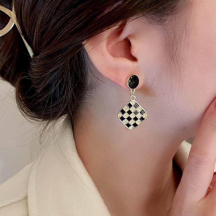 Vintage Black White Checkered Earrings Geometric