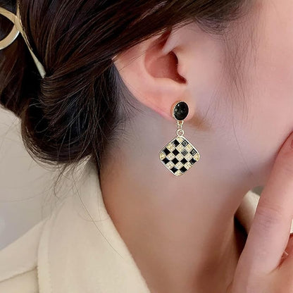 Vintage Black White Checkered Earrings Geometric