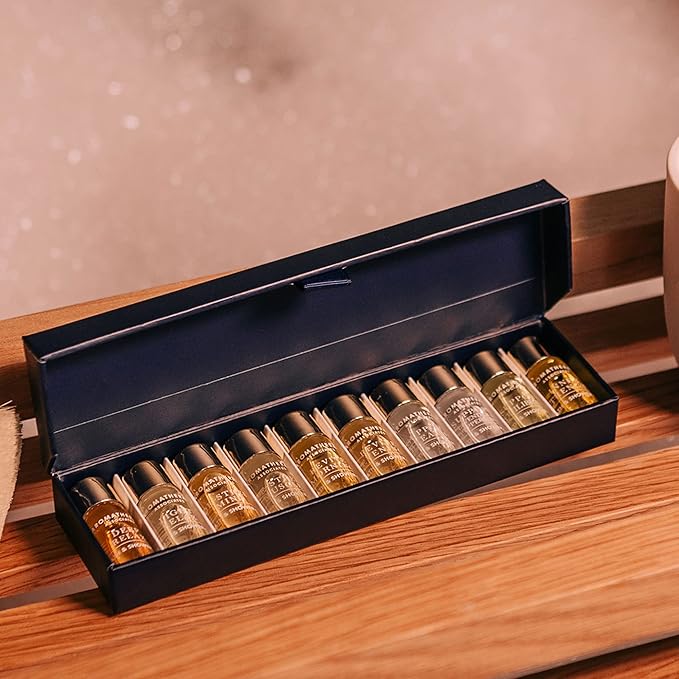 Aromatherapy Associates Essential Oil Blends for Dry Skin Oil & Body Oil for Men & Women, Luxury Shower Oil for Daily Aromatherapy Bath & Body Care, 10 Pack (0.10fl oz Each), Decorative Gift Box