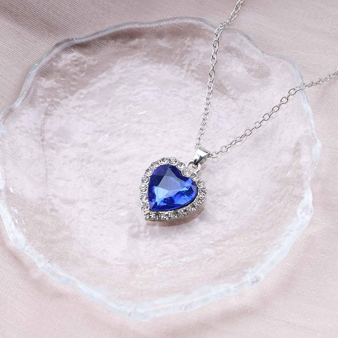 Vintage Crystal Sapphire Necklace Rhinestone Heart Sapphire Pendant