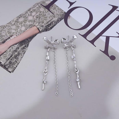 Vintage Bow Crystal Drop Earrings Silver