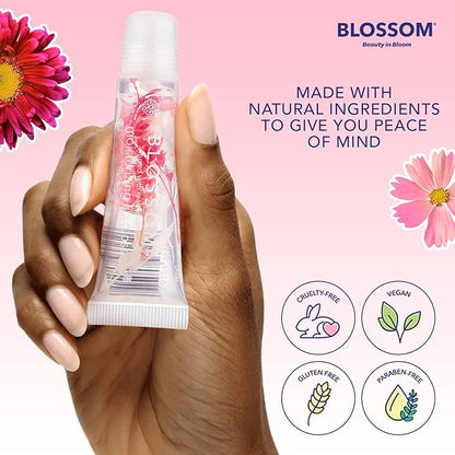 Blossom Moisturizing Lip Gloss Tubes, Roll on Perfume Oil, Natural Essential Oils, Scented Color Change Lip Balm with Real Flowers, 0.7 fl. oz/15mL, 3 Pack Gift Set, Cherry/Honey Jasmine/Turquoise