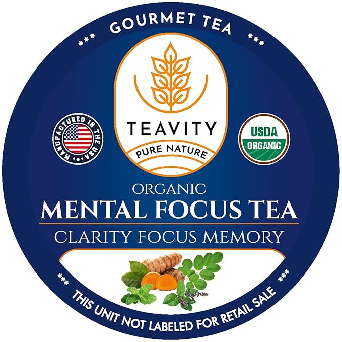 Organic Tea Pods with Moringa, Pepeppermint, Holy Basil & Turmeric - Naturally Decaf Tea - Mental Focus by Teavity (12 Tea Pods)