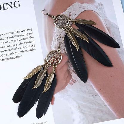 Boho Black Feather Dangle Earrings Long