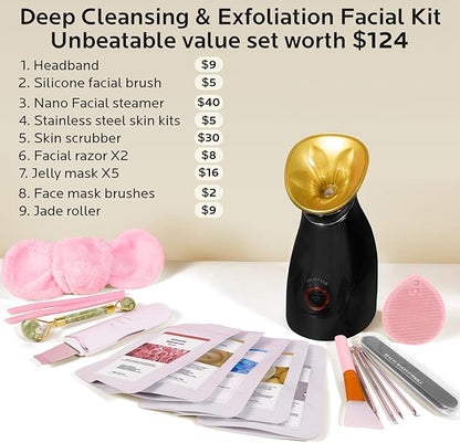 Colorfarm Facial Steamer Nano Ionic: Face Steamer Home Spa Kit Deep Cleaning Unclogs Pores Sinuses Inhaler with 8 Skin Care Tools - Relaxing Self Care Skincare Beauty Gifts for Women (Black Gold)