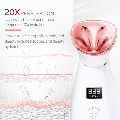 Colorfarm Facial Steamer Nano Ionic: Smart Face Steamer Deep Cleaning Unclogs Pores - Humidifier Hot Mist Home Sauna Spa for Women Men with LCD Display Steam Timer