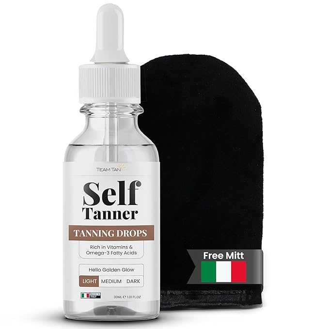 Team Tan Self Tanning Drops - Fully Customizable Body and Face Tanning Drops, Active Skincare Ingredients Enriched Self Tanner Kit for Fake Tan, No Streaks or Nasty Smell (Light)