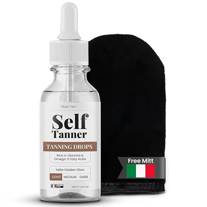 Team Tan Self Tanning Drops - Fully Customizable Body and Face Tanning Drops, Active Skincare Ingredients Enriched Self Tanner Kit for Fake Tan, No Streaks or Nasty Smell (Light)