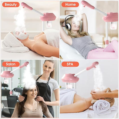 Professional Facial Steamer, Facial Steamer on Wheels, Ozone Facial Steamer, Standing Face Steamer, SPA Facial Steamer for Salon and at Home Use, Touch Control, Timing Function, Pink…