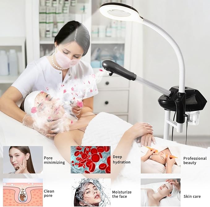 Professional Facial Steamer, 2 in 1 Facial Steamer on Wheels with 5X Magnifying Lamp, Ozone Facial Steamers Adjustable Height, Steamer for Facial for Salon, Spa and at Home Use