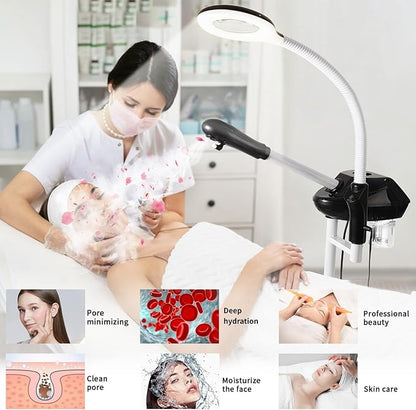 Professional Facial Steamer, 2 in 1 Facial Steamer on Wheels with 5X Magnifying Lamp, Ozone Facial Steamers Adjustable Height, Steamer for Facial for Salon, Spa and at Home Use